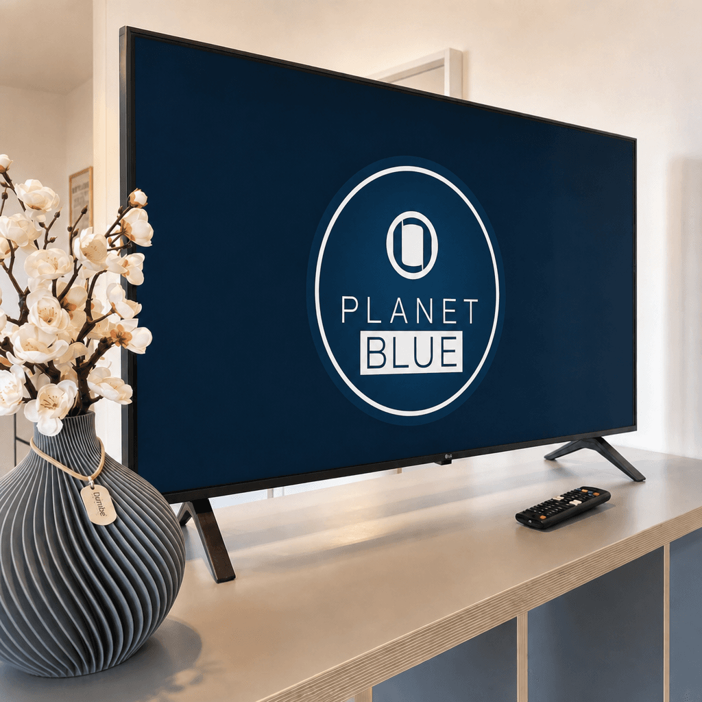 Wohnbereich mit Smart-TV, der den Planet-Blue-Schriftzug zeigt